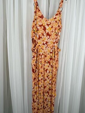 Derek Heart Floral Crinkle Jumpsuit Size L Cutout Tie Waist Wide Leg